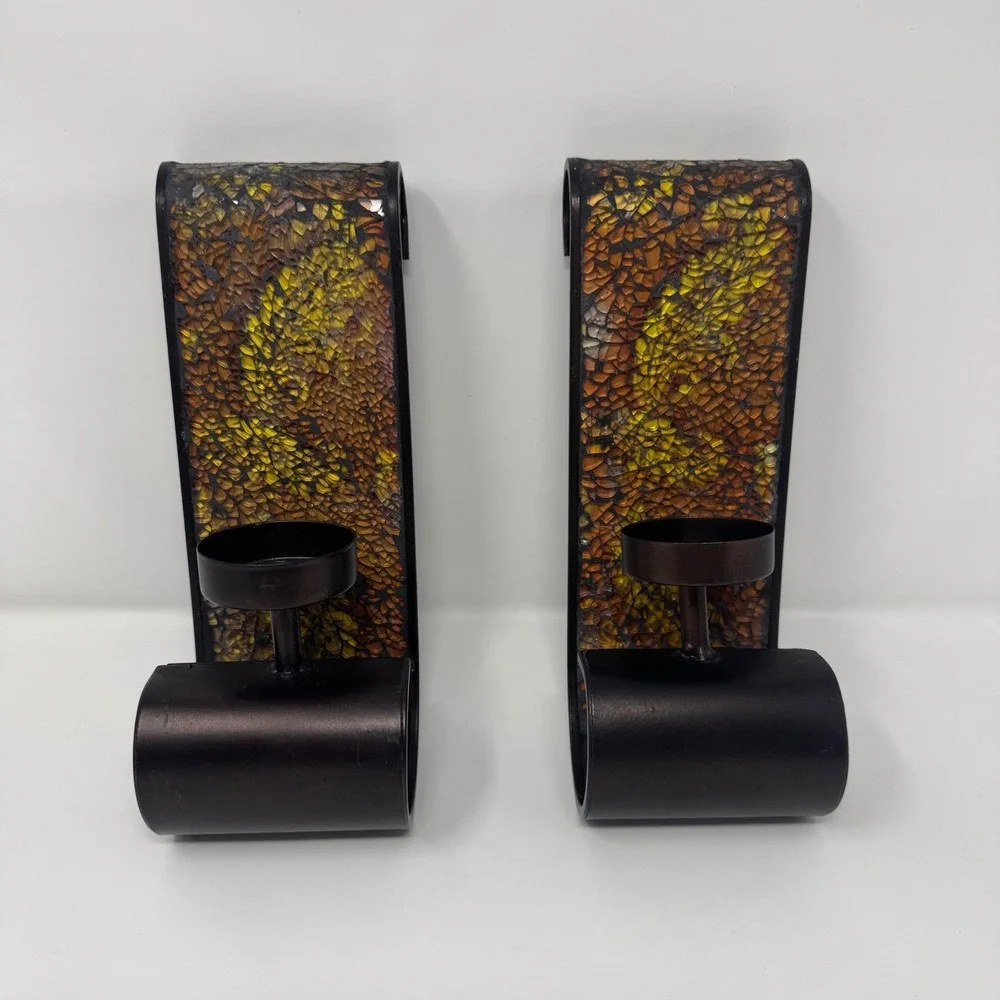 Wall Candle Sconces Mosiac Glass Pair Stained Glass Brown Metal Set of 2